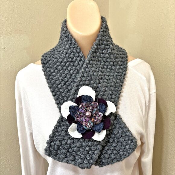 Artesian Embellished Knit Scarf Muffler Handmade Gray Purple Textured Designer - Picture 2 of 6